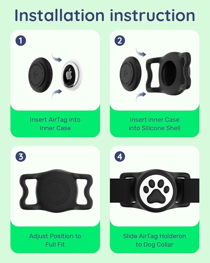 IP68 Waterpoof Dog Airtag Holder, Stretchy Silicone Full Body Covered Apple Air Tag Holder for Dog Cat Collar Fit All Width Collar (Black/Pink, 2 Pack)