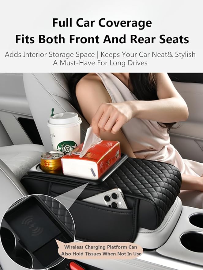 Car Armrest Pad with Built-in Induction Charging, Leather Center Console Cushion with 15W Power Pad, Dual Cup Holders, Storage Pockets - Light Beige
