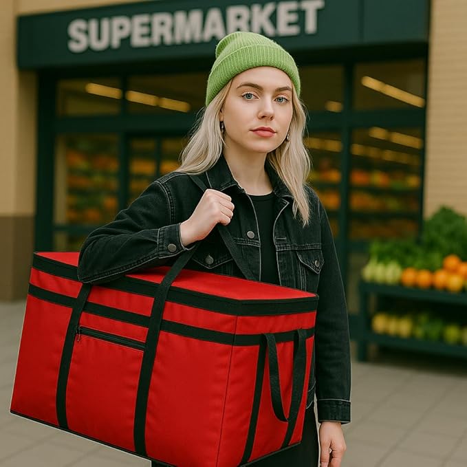 musbus Extra large XXXL Insulated Food Delivery Bag Cooler Bags Keep Food Warm Catering Therma Catering Bag for doordash 22x14x13 Cooler Bags Therma Shopper hot warming RED Pizza BLACK