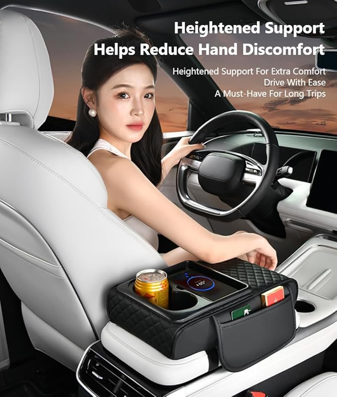 Car Armrest Pad with Built-in Induction Charging, Leather Center Console Cushion with 15W Power Pad, Dual Cup Holders, Storage Pockets - Beige
