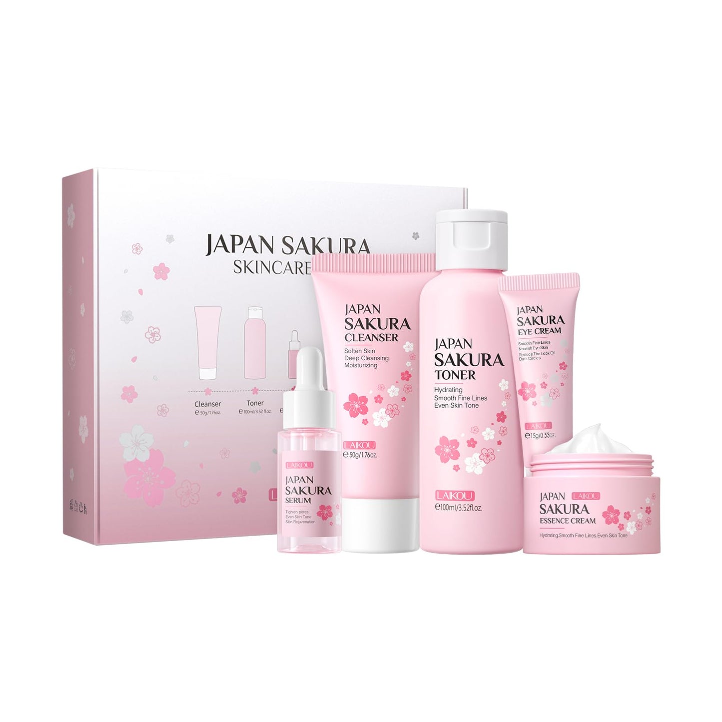 Laikou Skin Care Set Japan Sakura Women Beauty Gift Sets Skin Care Kit With Cleanser, Toner, Serum, Eye Cream, Face Cream Travel