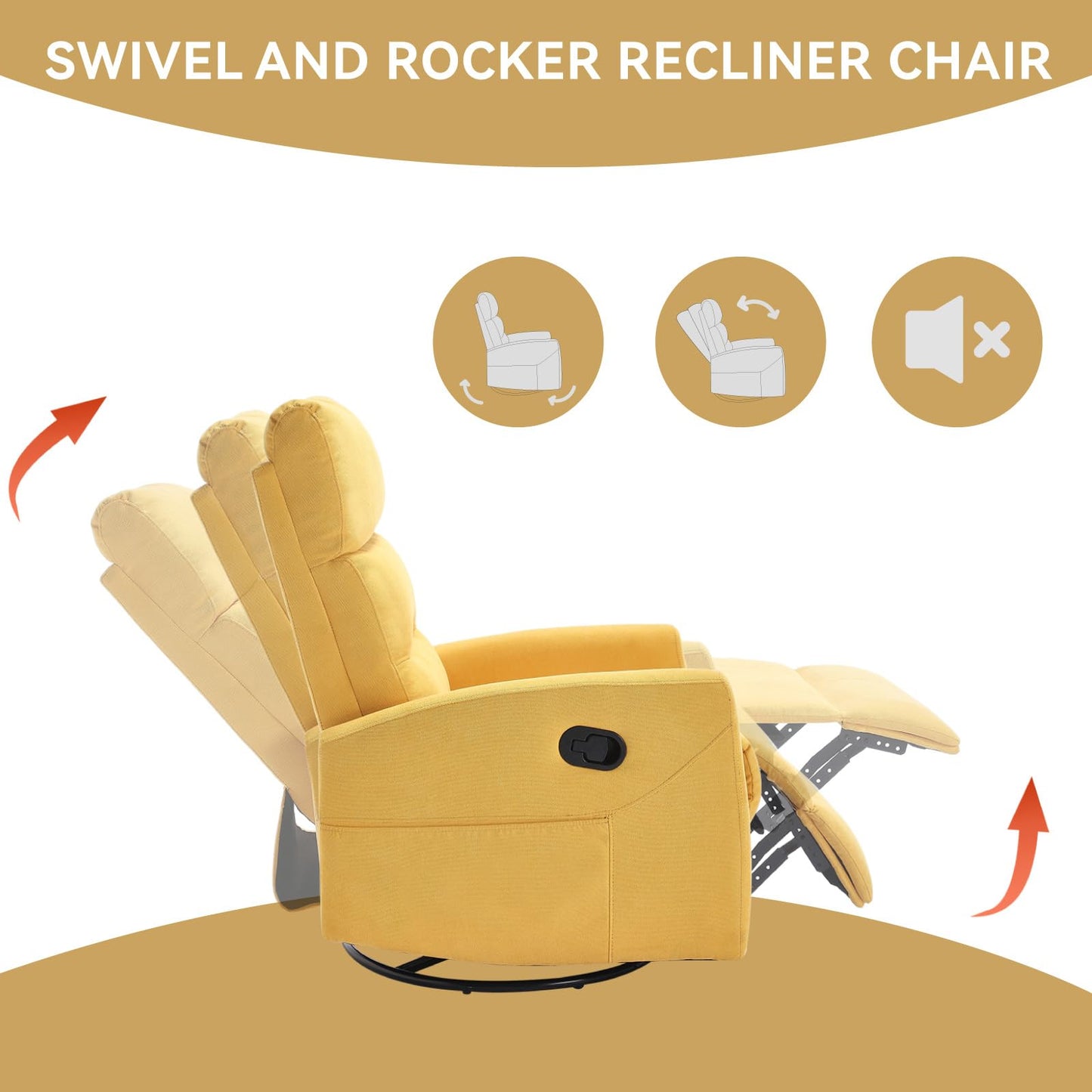 360° Swivel Recliner Chair for Adults, Upholstered Glider Rocking Chair Nursery with Adjustable Backrest & Footrest, Small Recliners for Small Spaces Living Room Bedroom (Yellow)