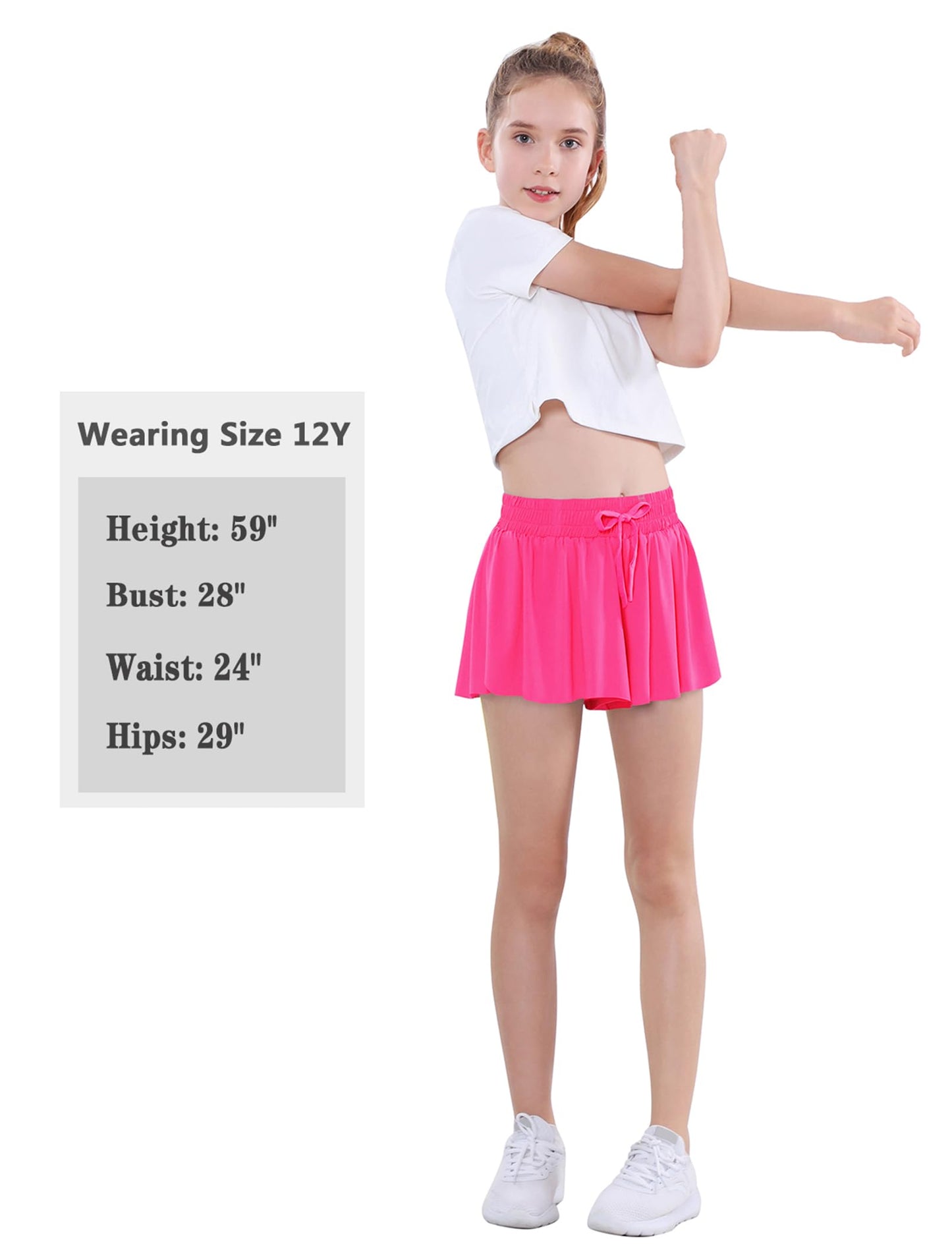 EXARUS 3 Pack Girls Butterfly Shorts Flowy Athletic Dance Cheer Running 2 in 1 Preppy Tennis Flutter Gym Kids Activewear Hot Pink Blue Purple 12Y