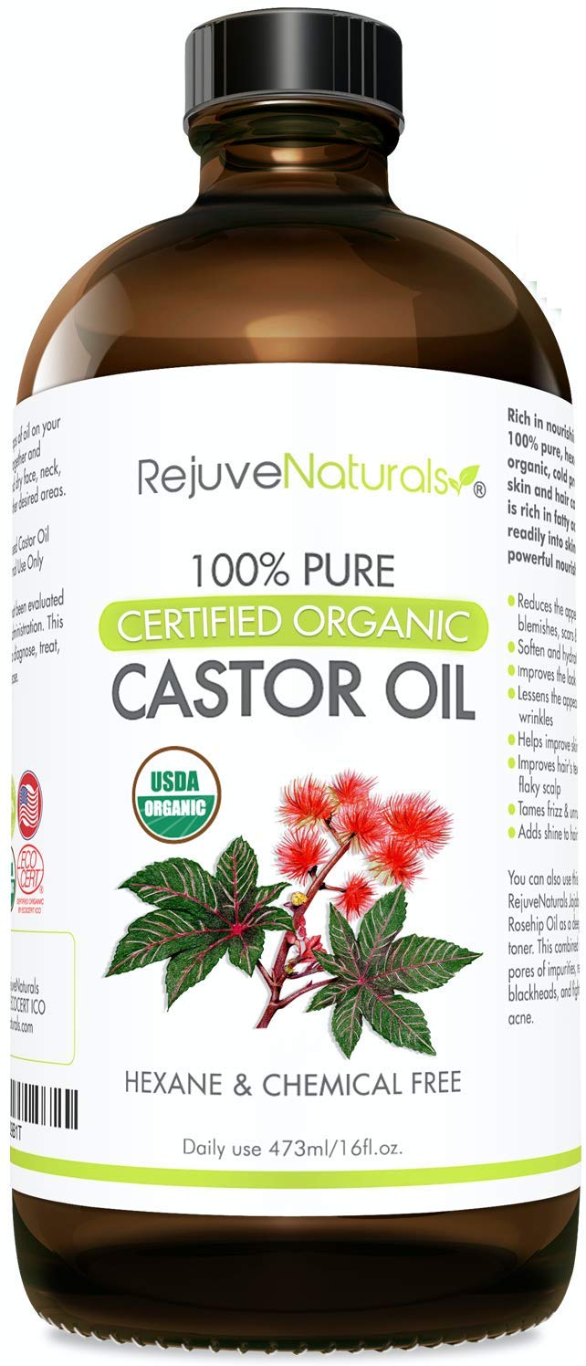 RejuveNaturals Castor Oil (16oz Glass Bottle) USDA Certified Organic, 100% Pure, Cold Pressed, Hexane Free. Boost Hair Growth fo