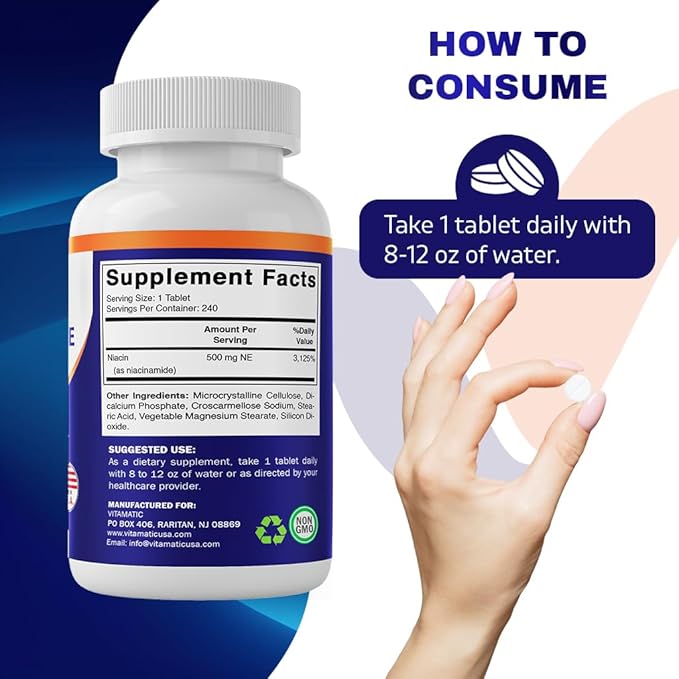 Vitamatic Niacinamide 500 mg 240 Tablets - Flush Free Vitamin B3 - Supports Energy Production