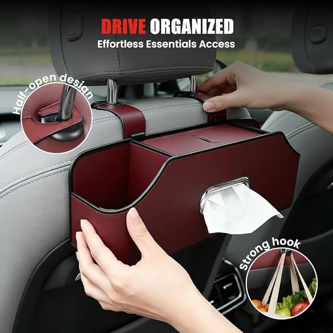 3-in-1 Car Backseat Organizer, 2026 Multifunctional Car Back Seat Storage Organize Box with Cup Holder Tissue Box, for Hold Phones, Snacks, Drinks, Handbags (Beige)
