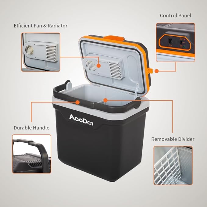 Electric Car Cooler and Warmer, 26 Quart Capacity, Thermoelectric Iceless Cooler for Travel, Camping, Vehicles, Truck, Home - 12V DC and 120V AC (Black & Orange)
