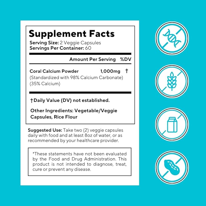 Coral Calcium Powder 1000mg Capsules for Overall Health, Bone Health, PH Level Balance, Trace Minerals Support - 120 Veggie Capsules - Non-GMO & Gluten-Free Supplement