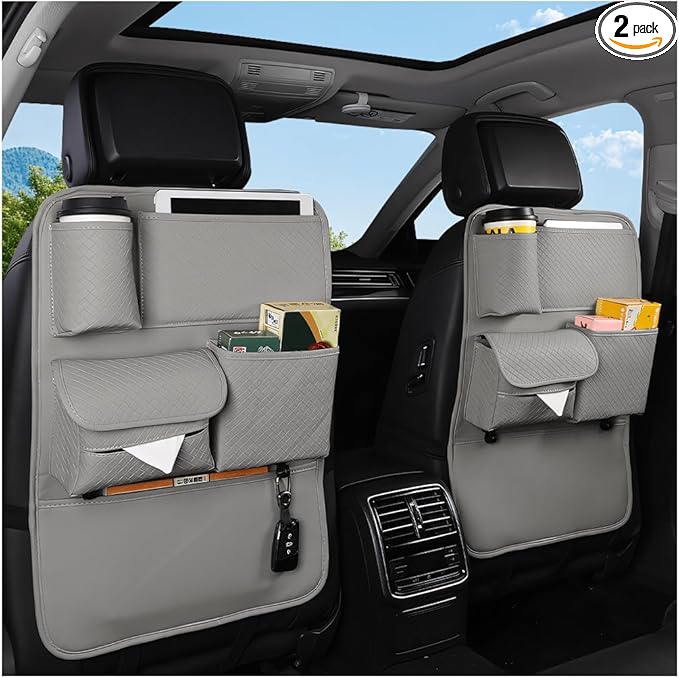 Car Backseat Organizer, 2PCS Leather Woven Multipurpose Vehicle Seat Back Protector with 4 Storage Pockets & Hook, Waterproof Automotive Kick Mat, Universal for SUV RV Truck (Gray)