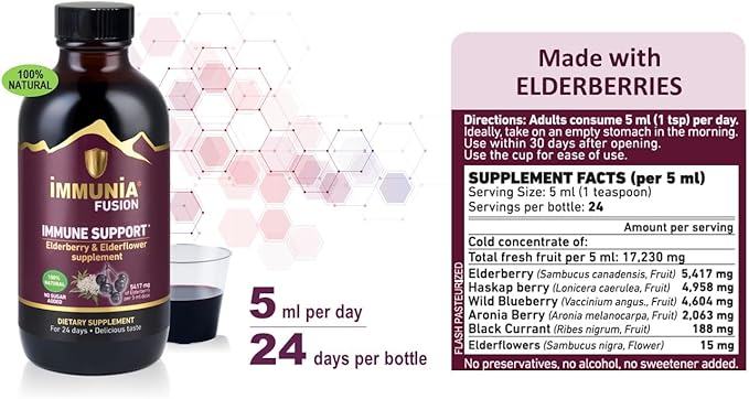 Immunia Fusion - Enhance Your Immune Support. A Powerful Formula Made with elderberries, elderflowers, and Blue Fruits Rich in polyphenols. A Concentrated antioxidant Formula. (1-Pack)
