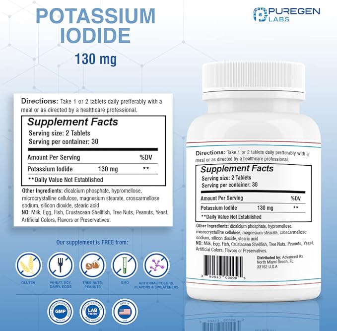 Potassium Iodide Tablets 130 mg EXP 10/2025, Kosher Iodine Tablets, Thyroid Support – 8 Pack | 480 Tablets Total