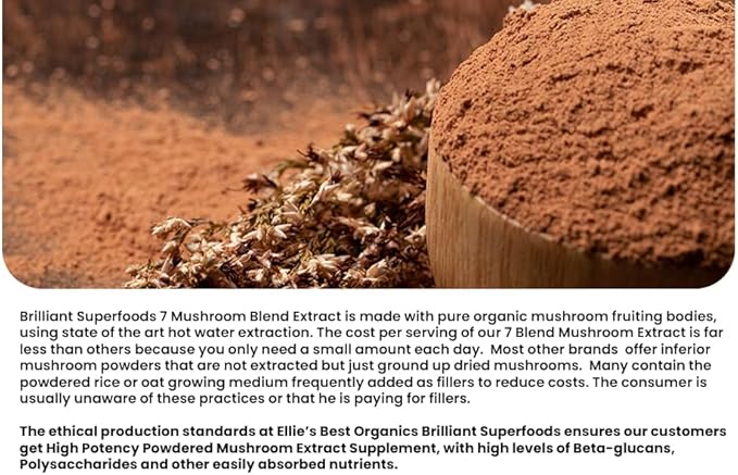 Ellie's Best 7 Mushroom Powder Extract Blend Supplement Organic 114 Servings High Potency Double Extracted Cordyceps, Reishi, Turkey Tail, Chaga, Lion's Mane - 4oz