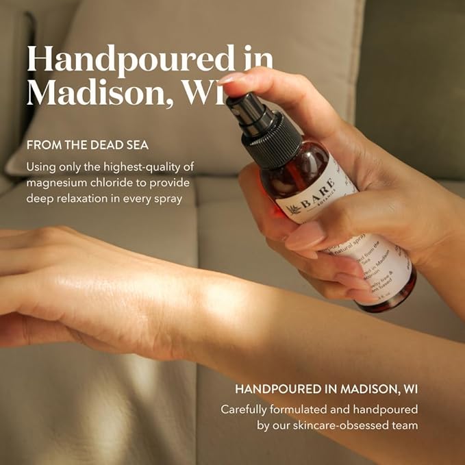 BARE BOTANICS Unscented 8oz Pure Magnesium Oil Spray from the Dead Sea | Rapidly Absorbing | Handpoured in Madison, WI | Supports Sleep & Soothes Sore Muscles