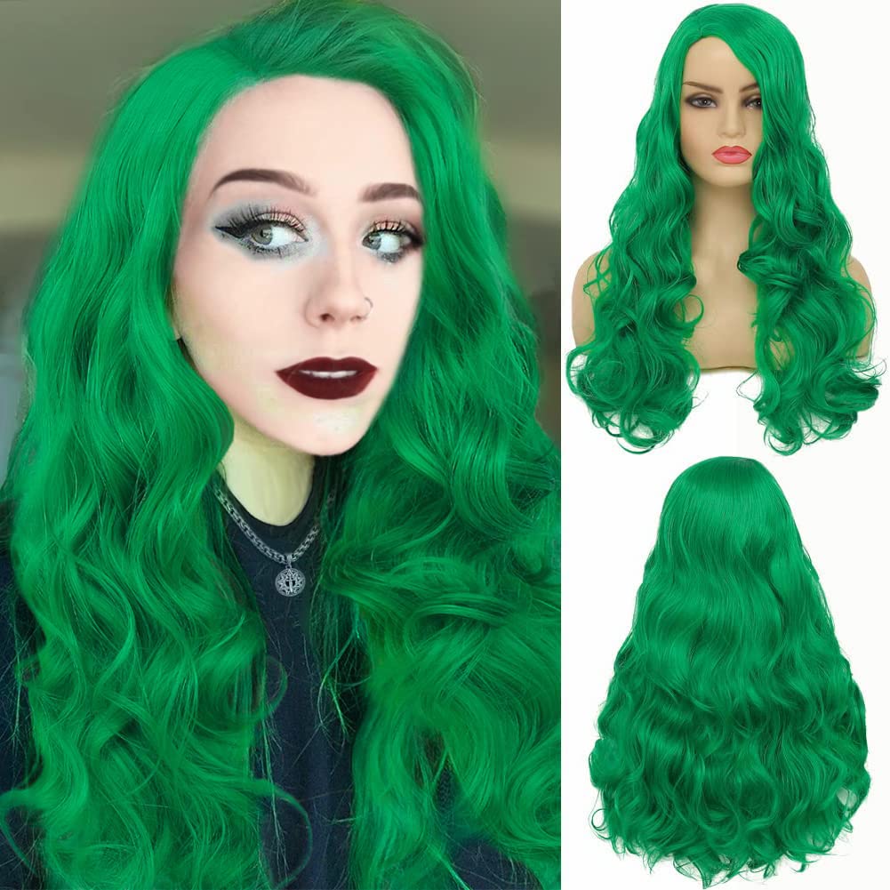 Kaneles Long Curly Green Wig For Women Wavy Side Part Hair Natural Looking Synthetic Heat Resistant Cosplay Party Replacement Wi