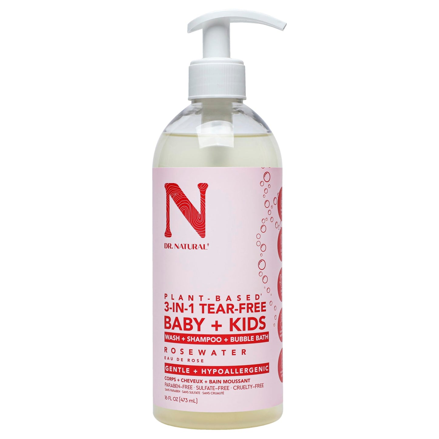 Dr. Natural 3-In-1 Tear-Free Baby Plus Kids Soap, Rosewater, 16 Oz - Plant-Based Baby Shampoo And Body Wash - Sulfate And Parabe
