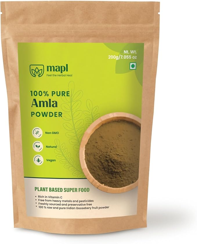 MAPL Pure Amla Powder (7.5 oz)– Organic,Super food for Skin Glow, Hair Growth, Digestion –| Indian Gooseberry Powder| Resealable Zip Lock Pouch