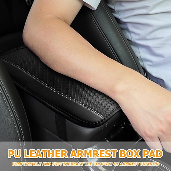 Car Armrest Seat Box Cover, Comfortable Leather Automotive Center Console Cushion Pad, Soft Waterproof Vehicle Arm Rest Protector Mat Accessories, Universal for RV, SUV, Truck (Black/Gray)