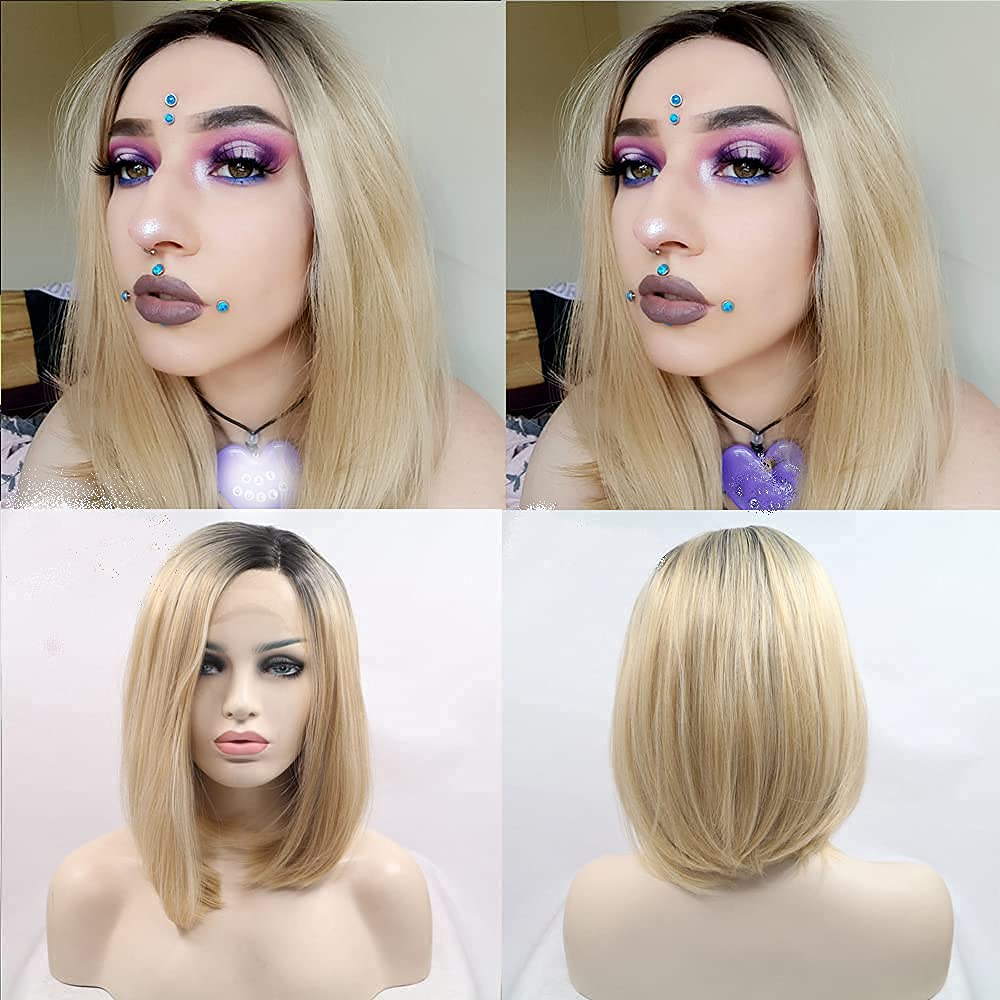 Xiweiya Ombre Blonde 13 * 3 Lace Front Wig With Black Roots Short Straight Heat Resistant Synthetic Lace Front Wigs For Women Da