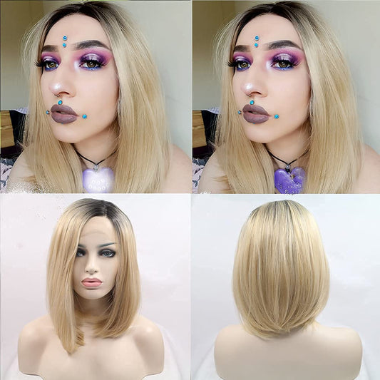 Xiweiya Ombre Blonde 13 * 3 Lace Front Wig With Black Roots Short Straight Heat Resistant Synthetic Lace Front Wigs For Women Da