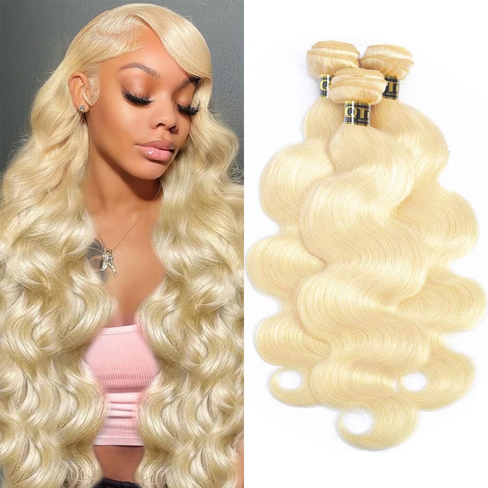 Qthair 14A 613 Blonde Hair Bundles 12'' 14'' 16'' 300G 14A Grade Brazilian Virgin Body Wave Human Hair 3 Bundles 100% Unprocesse