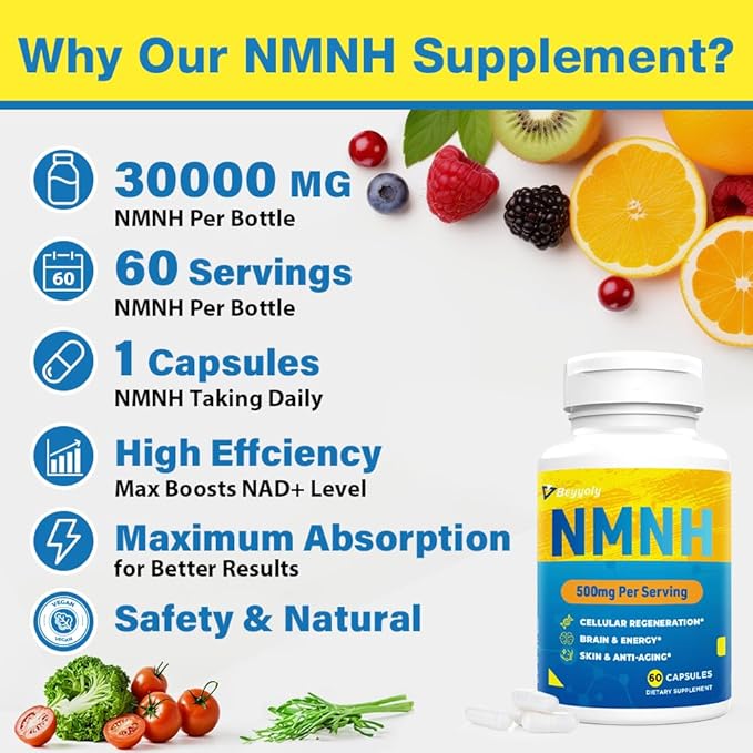 NMNH Supplement (Dihydronicotinamide Mononucleotide)500mg Per Serving, NMNH NAD Supplements for Women & Men, NMNH to Boost NAD+ Levels As We Age for Anti Aging, Cell Health*, Brain* , Energy- 60 Count
