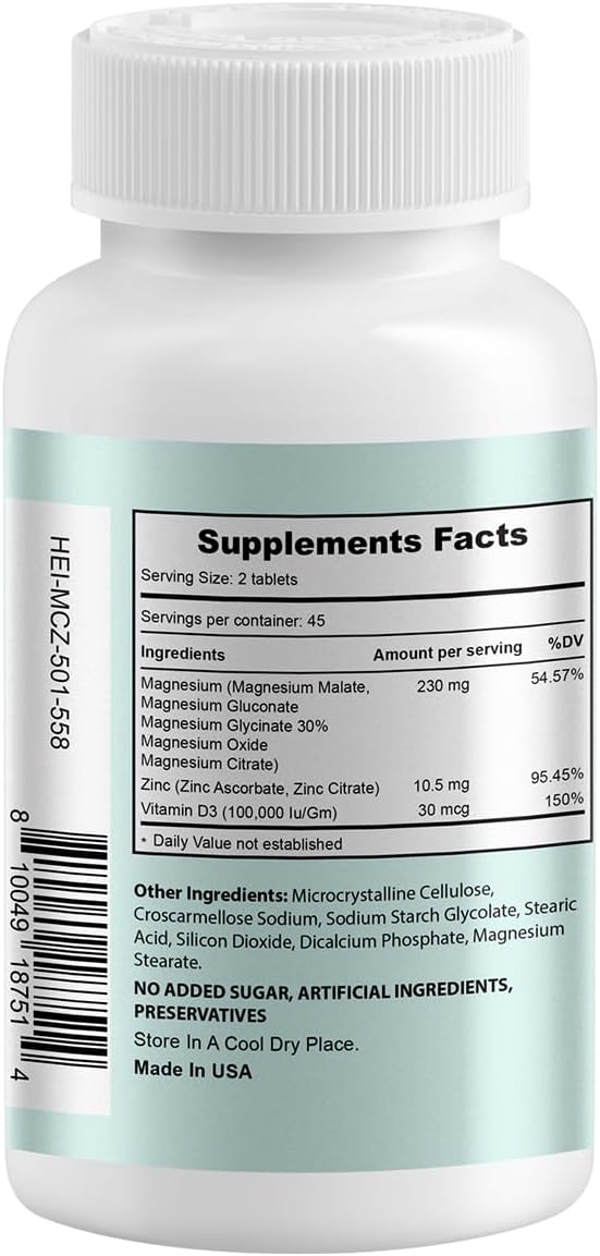 Magnesium Complex 3 Pack, Magnesium Glycinate, Citrate, Malate, Oxide, Gluconate with Zinc and Vitamin D3, Magnesium Supplement for Muscle, Nerve, Heart, Bone Support, High Absorption, 270 Tablets