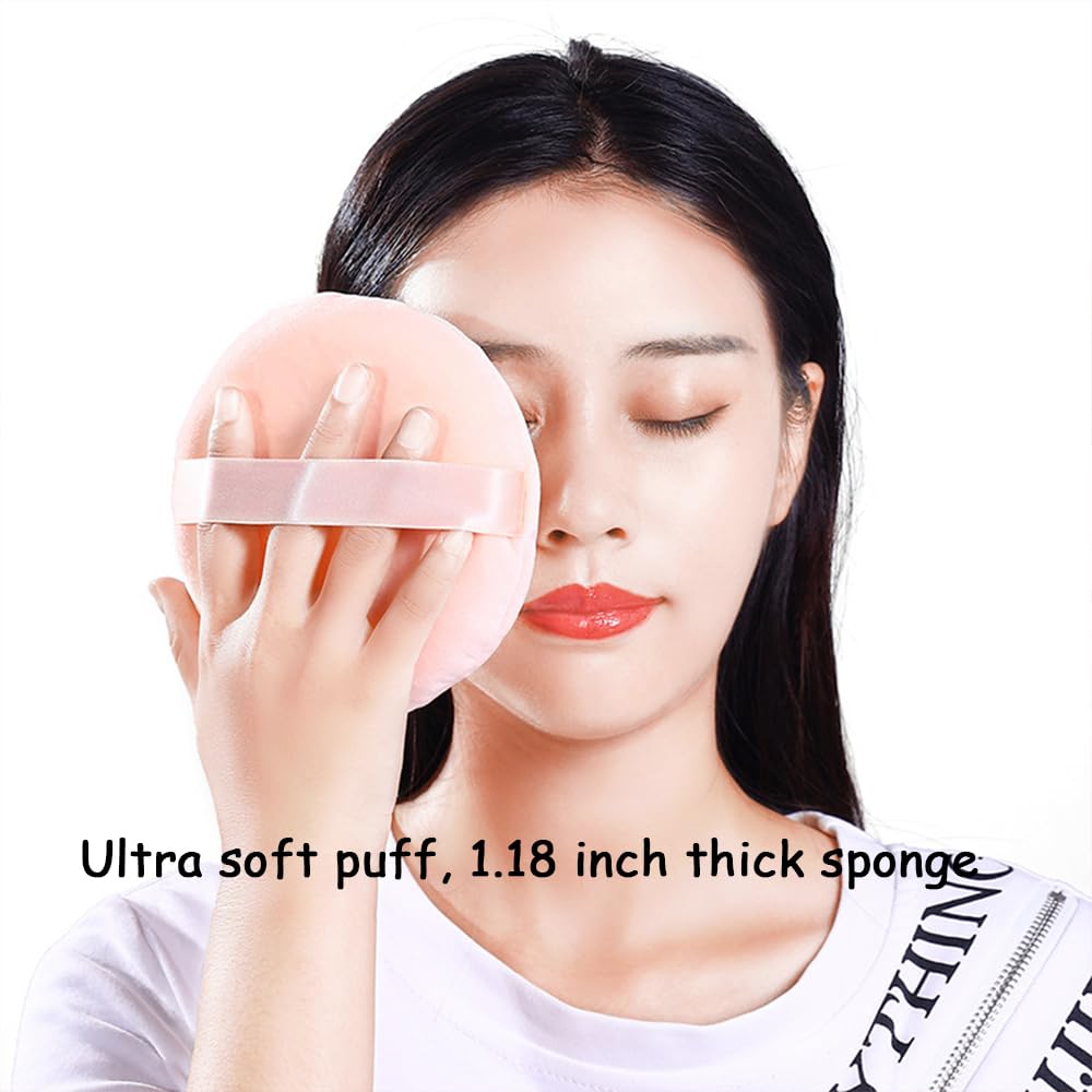 2 Pack Extra Large 5.2" Beige & Purple Powder Puffs and 5.3" Glass Container – Oversized Soft Body & Face Large Powder Puff Dusting Powder Jar Holder Case(Amber Glass)