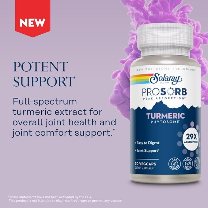 SOLARAY ProSorb Turmeric Supplement Phytosome 500 mg - 29X High Absorption Turmeric Curcumin Supplement for Joint Health Support - Easy-to-Digest Curcumin, Vegan, 60-Day Guarantee, 30 Serv, 30 VegCaps