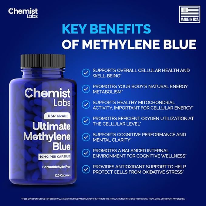 Methylene Blue Capsules – 99% USP Grade – High-Purity Antioxidant Supplement – Supports Mitochondrial Function, Cellular Energy & Mental Clarity – 120 Veggie Caps – Made in USA ml