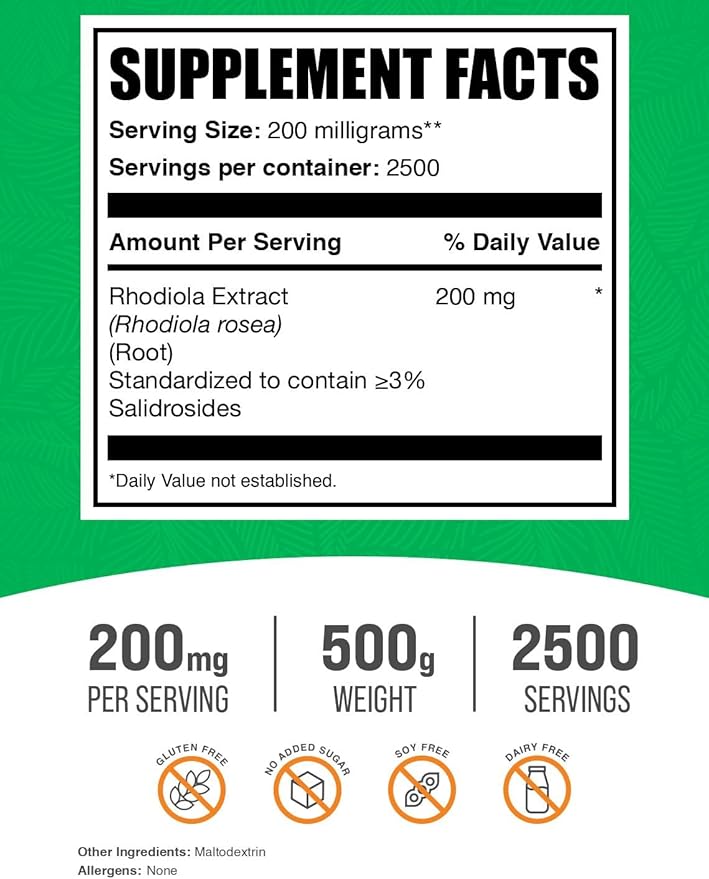 BulkSupplements.com Rhodiola Extract Powder - 3% Salidrosides, Rhodiola Rosea Extract - Herbal Supplement, Gluten Free, 200mg per Serving, 500g (1.1 lbs) (Pack of 1)