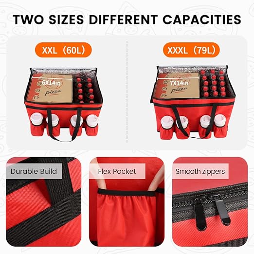 CIVJET Insulated Food Delivery Bag with 4 Cup Holders, XXX-Large Insulated Grocery Bags Keep Food Hot/Cold, Cooler Bags with Drink Carrier, Food Carrier Catering Bag, Commercial Food Warmers, Red