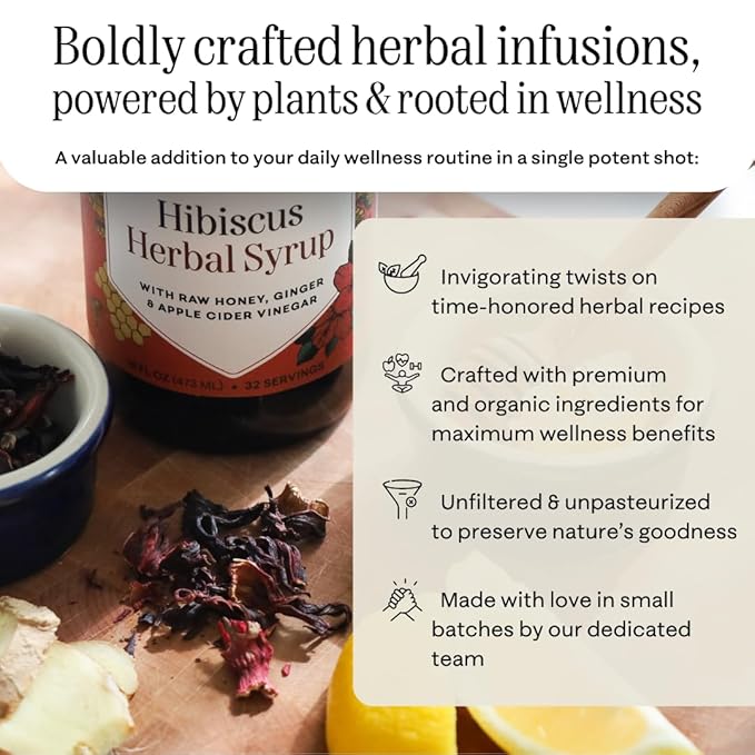 Hany's Harvest Hibiscus Ginger Herbal Syrup – 8 fl oz | All-Natural Wellness Tonic, Apple Cider Vinegar, Ginger, Hibiscus & Lemon | Non-GMO, Gluten-Free, Handcrafted