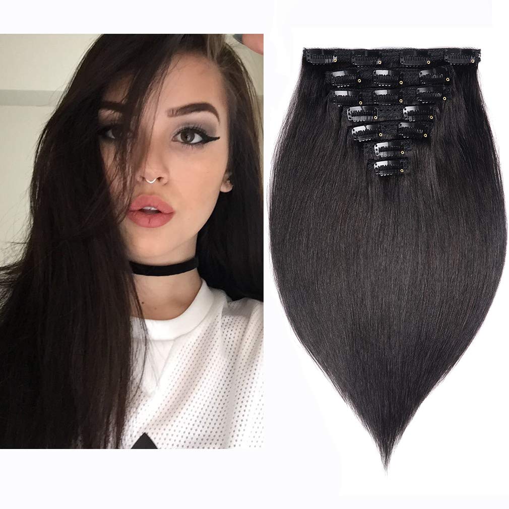 20'' Clip In Human Hair Extensions Full Head 180G 7 Pieces 16 Clips Natural Black Double Weft Brazilian Real Remy Hair Extension