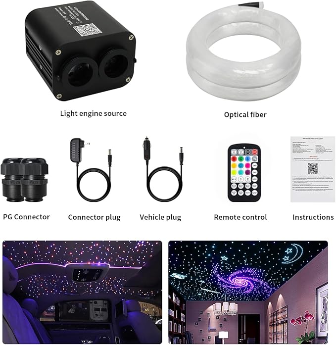 AZIMOM Dual Color 20W Twinkle Fiber Optic Starlight Kits 400pcs*0.03in*9.8ft Fiber Strands End Glow Sound Activated Remote APP Control RGBW Light Source Home Ceiling Car Headliner Décor