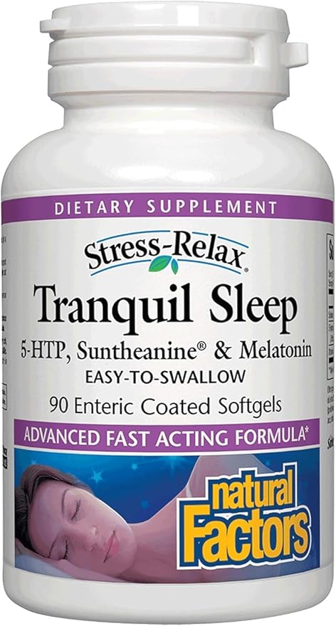 Stress-Relax Tranquil Sleep by Natural Factors, Sleep Aid with Suntheanine L-Theanine, 5-HTP, Melatonin, 90 Softgels