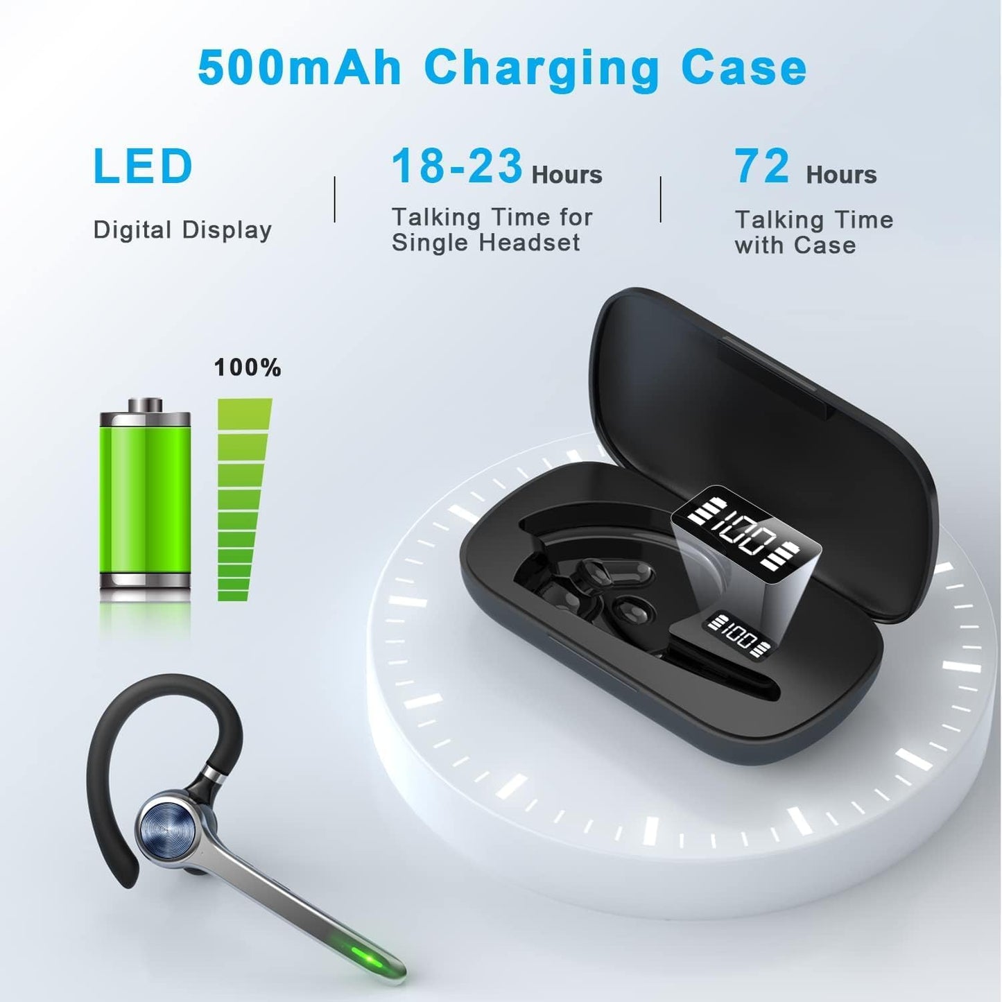 Bluetooth Headset, Wireless Bluetooth Earpiece with 500mAh Charging Case 72 Hours Talking Time Built-in Microphone for iOS Android Cell Phone, V5.1 Hand-Free Headphones with USB Dongle