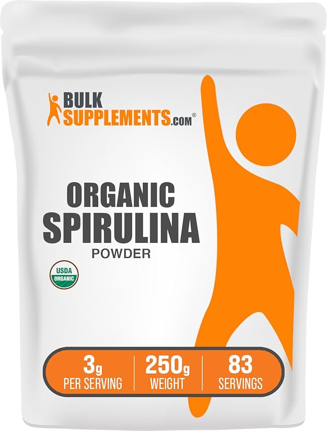 BulkSupplements.com Organic Spirulina Powder - Superfood, Green Spirulina Powder, Herbal Supplement - Vegan-Friendly, 3g per Serving, 250g (8.8 oz) (Pack of 1)