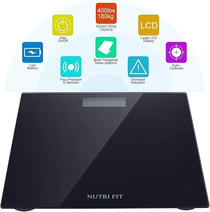 NUTRI FIT Digital Bathroom Scale Body Weight Scales 400 lbs Ultra Slim Most Accurate for Gym Yoga Studio with Large Backlit Display, Black