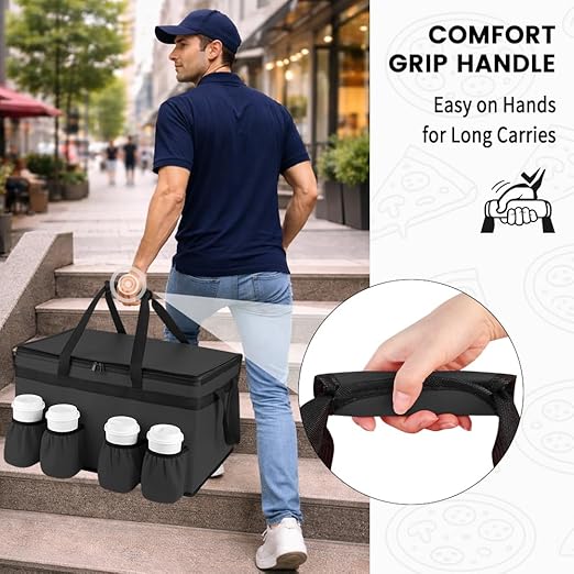 CIVJET Insulated Food Delivery Bag with 4 Cup Holders, XXX-Large Grocery Bags Keep Food Hot/Cold, Catering Cooler Bags with Drink Carrier, Commercial Food Warmer for Transport & Shopping, Black