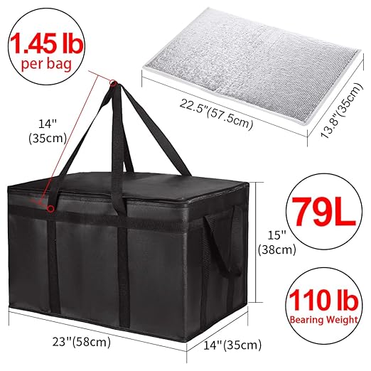 CIVJET 2-Pack Insulated Food Delivery Bag with Hard Bottom, XXX-Large Commercial Food Warmer, Insulated Reusable Grocery Cooler/Hot Bags, Tote Bag for Shopping/Travel, Black