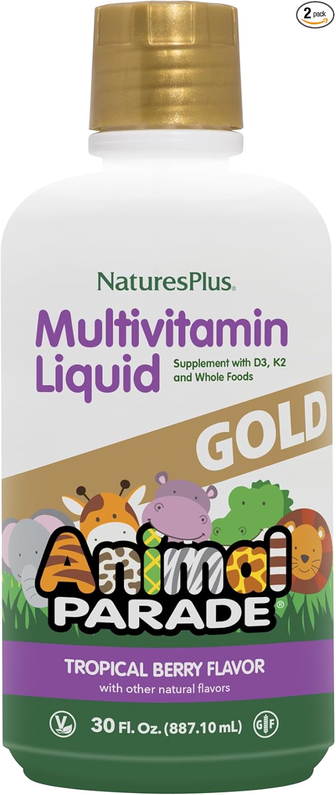 Natures Plus Animal Parade Gold Children's Liquid Multivitamin, Natural Tropical Berry - 30 oz, Pack of 2 - Immune Support Supplement - Vegetarian, Gluten Free - 120 Total Servings