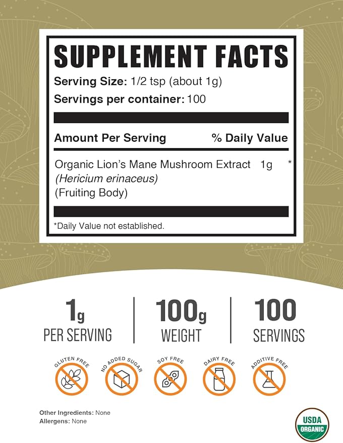 BulkSupplements.com Organic Lion's Mane Mushroom Extract Powder - Lions Mane Supplement Powder, Superfood for Well-Being - Vegan, 1g per Serving, 100g (3.5 oz) (Pack of 1)