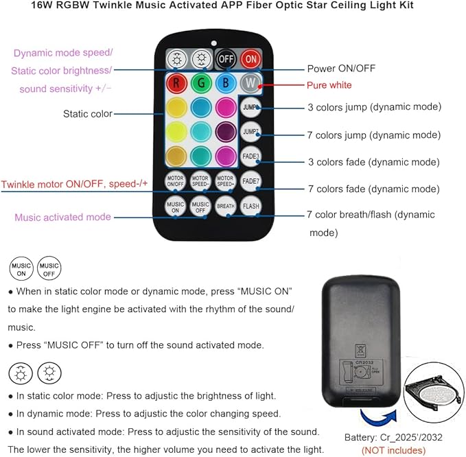 AKEPO 16W Small Size RGBW Twinkle Fiber Optic Lights kit, 200pcs 0.03in 9.8ft/3m Optical Fiber + APP Control+ Music Activated Starlight Headliner Kit for Car/Star Ceiling Light for Home