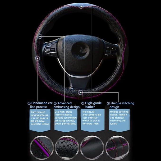 ESEWALAS Universal Car Steering Wheel Cover,Anti-Slip Leather Steering Wheel Cover,Sports Style Steering Wheel Protector,Car Interior Accessories Auto Steering Wheel Covers (Black with Purple)