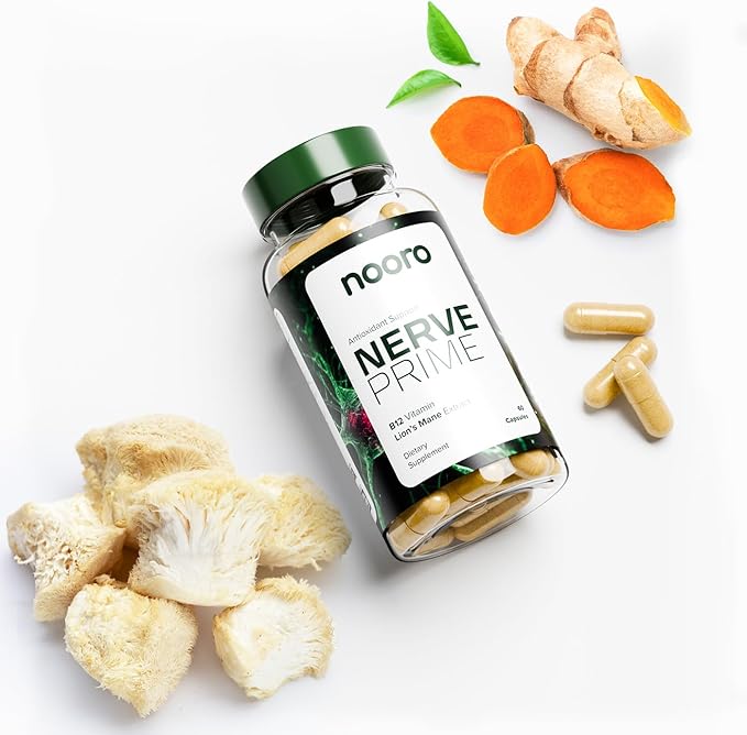 nooro Nerve Prime Supplement - R-Alpha Lipoic Acid, Lion’s Mane Mushroom, and Curcumin, Well-Being Support, Cognitive Function, Antioxidant Protection, 30-Day Supply
