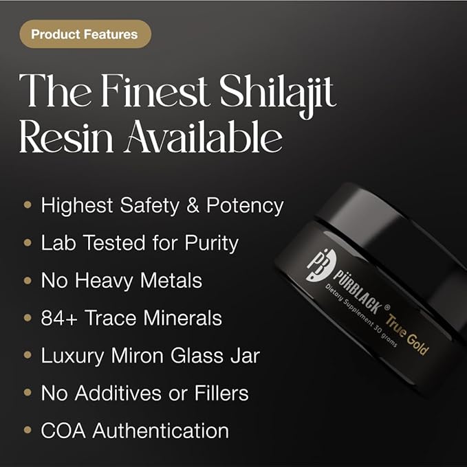Pürblack® Live Resin True Gold Shilajit - Organic Shilajit Supplement with True Gold Content | Over 80 Minerals, High Bioavailability, Antioxidant Properties | Made in USA (60 Servings)
