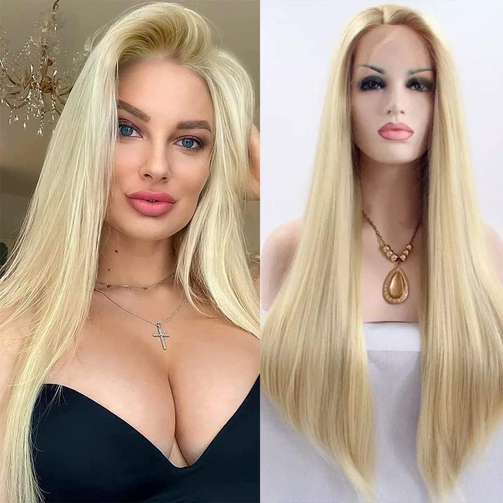 Xiweiya Natural Mix Blonde Straight Lace Front Wigs Long Silky Straight Ombre Gold Synthetic Lace Wigs Heat Resistant Fiber For