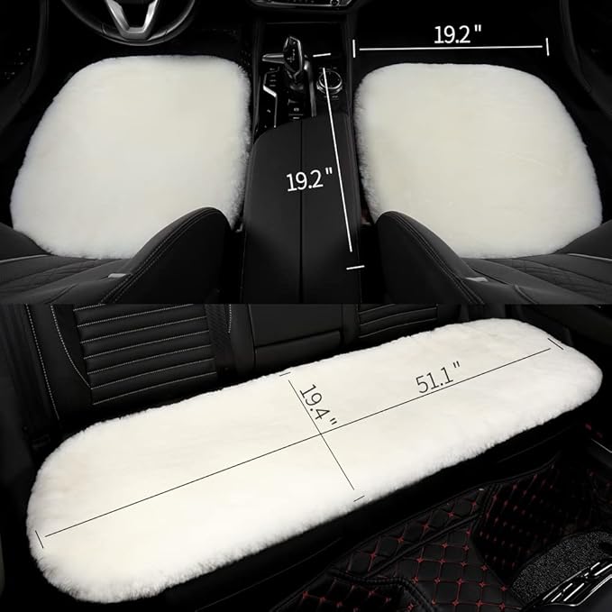 Genuine Sheepskin Auto Seat Pad,Soft Wool Seat Cover Breathable and Sweat-Wicking Comfort Warm Universal Fit (Front seat Cushion 2pcs & Rear seat Cushion 1pc, Khaki)