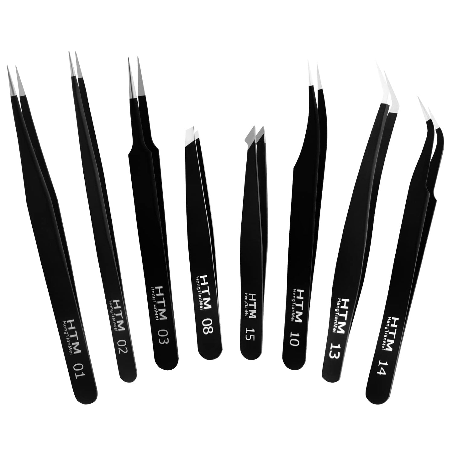 Hengtianmei 8Pcs Lash Tweezers 3 Stainless Straight And 3 Curved Tip Eyelash Tweezers, With 2 Slant Pointed Precision Eyebrows T