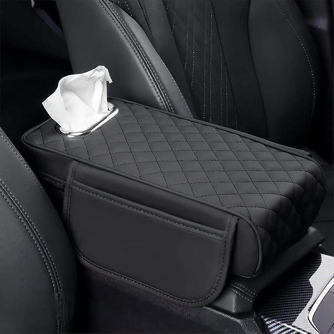 Car Center Console Cover for Infiniti FX SUV FX35 / FX37 / FX40 / FX45 /FX50, Leather Car Arm Rest Cover, Car Armrest Cushion with 2 Storage Bags Car Center Console Armrest Pad, B Black